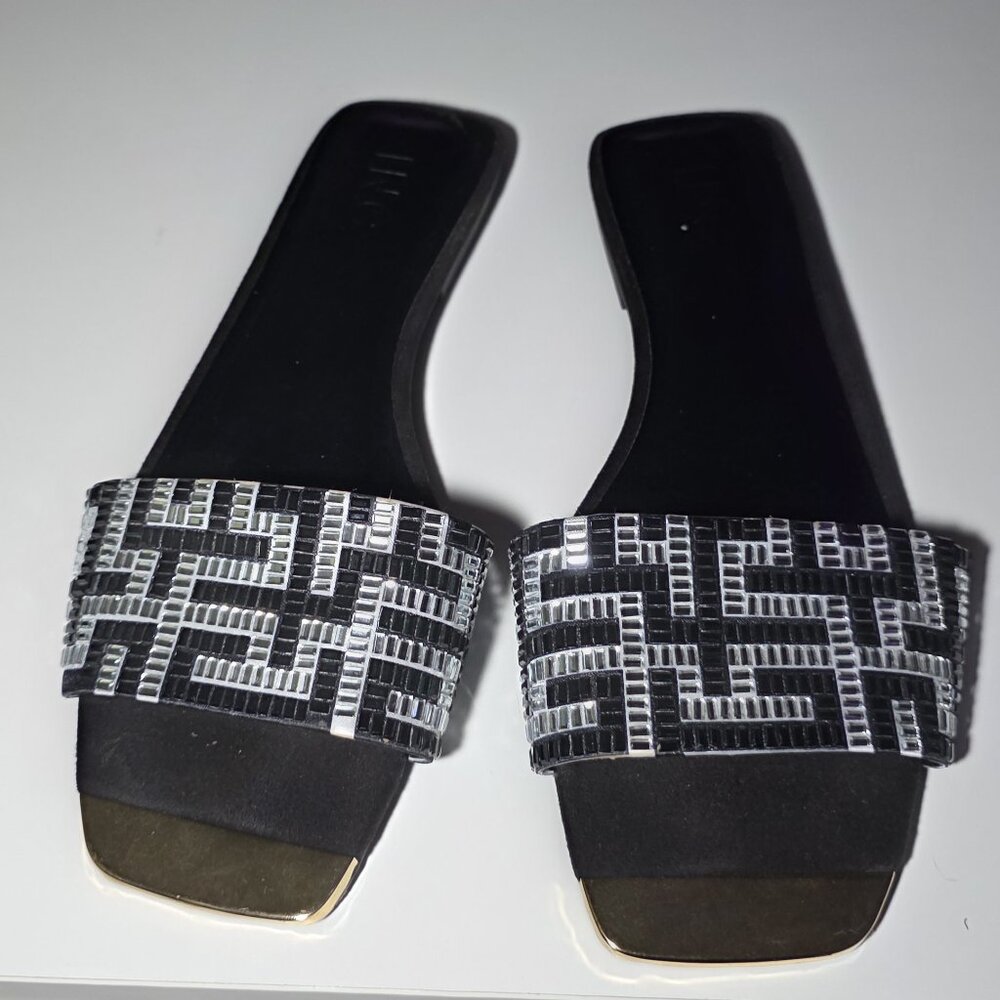 INC - 8M International Concepts Beaded Slide Sandals Black Silver Gold Toe Plate - Picture 3 of 7